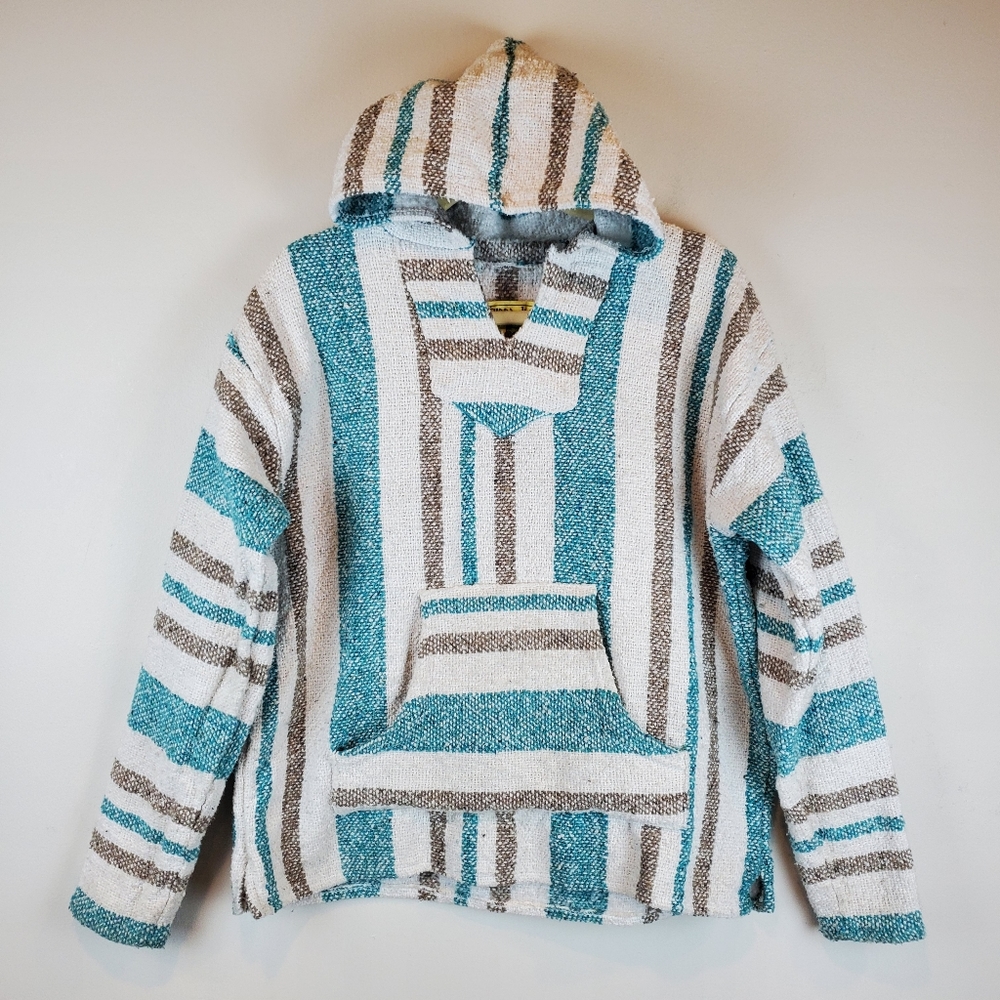 Iguana Jack Stripe Hoodie Drug Rug Hippie Pullover Bohemian Mexican Sweatshirt L